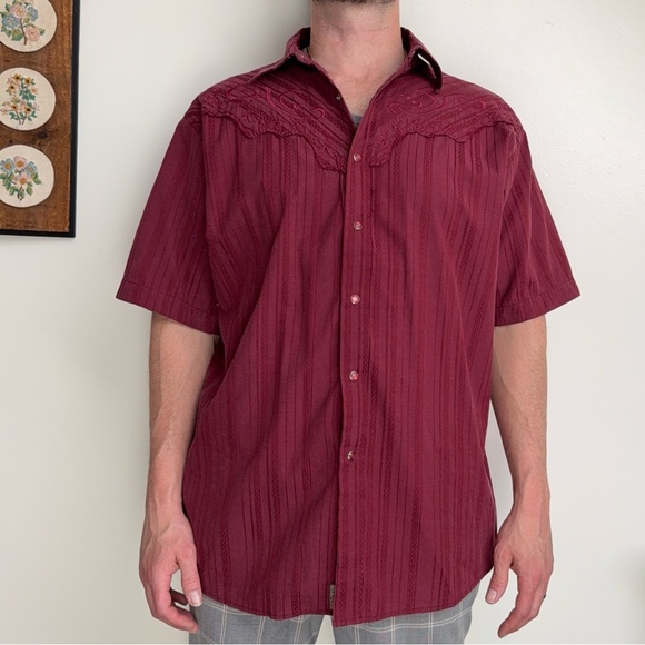 Vintage 90s Burgundy Pearl Snap Button Embroidered Western Shirt - Picture 5 of 9